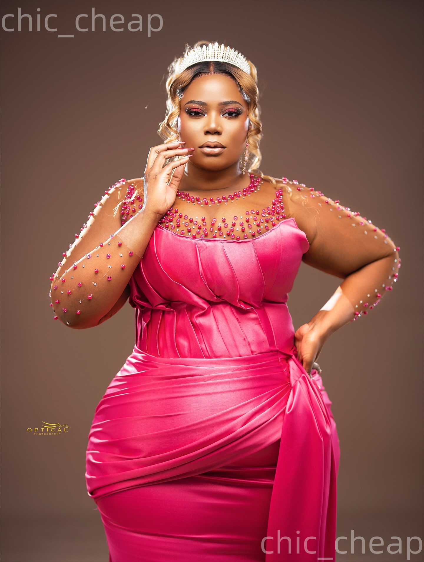 Fuchsia Mermaid Plus Size Prom Dresses 2025 Sheer Neck Pearls Crystals Satin Evening Formal Party Second Birthday Engagement Gowns Dress For Special O