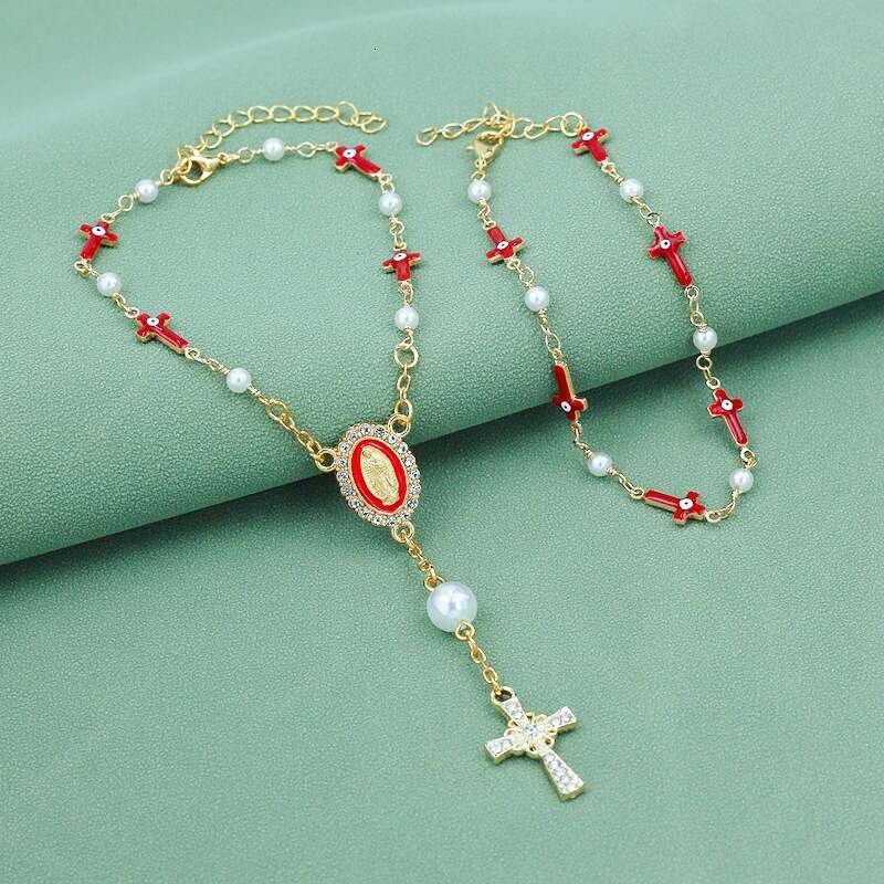 Women's Gold Plated Cross Bracelet Virgin Mary Medal Pearl Beaded Religious Jewelry Slave Bracelets Link