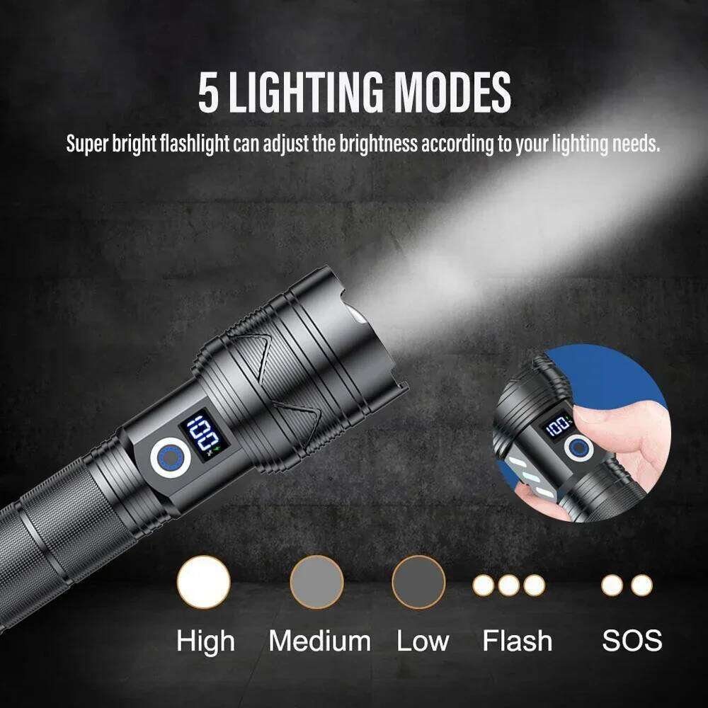 10000LM Super Bright LED Flashlight USB Charging 26650 Lithium Battery Outdoor Telescopic Zoom Torch Lantern With Power Display Z260121