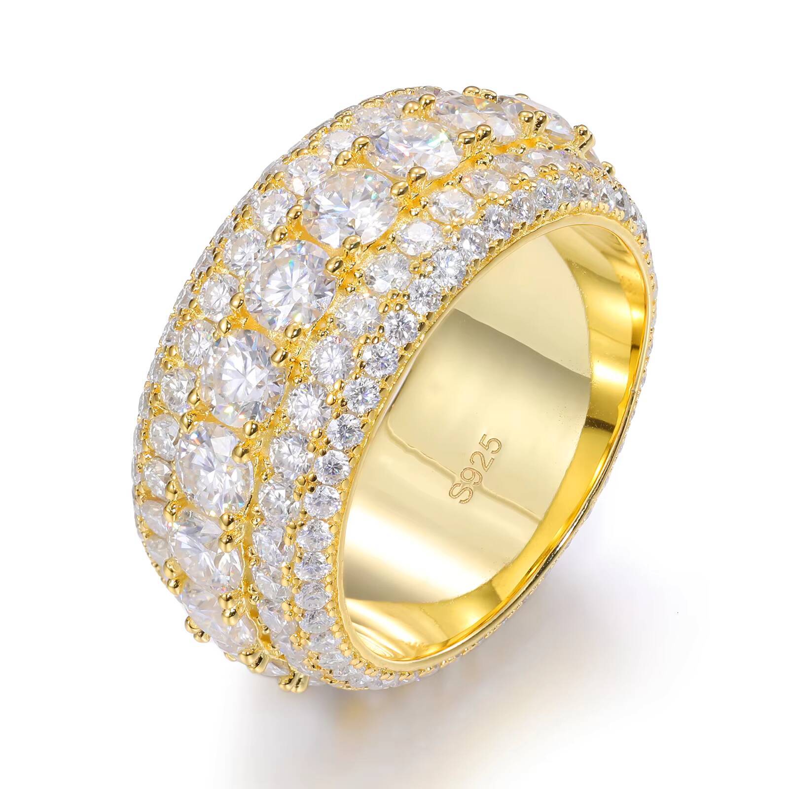Iced Out Moissanite Diamond Ring Band 925S Plated Yellow K Gold Material VVS Diamond Finger Eternal Cuban Ring for Hip Hop Men