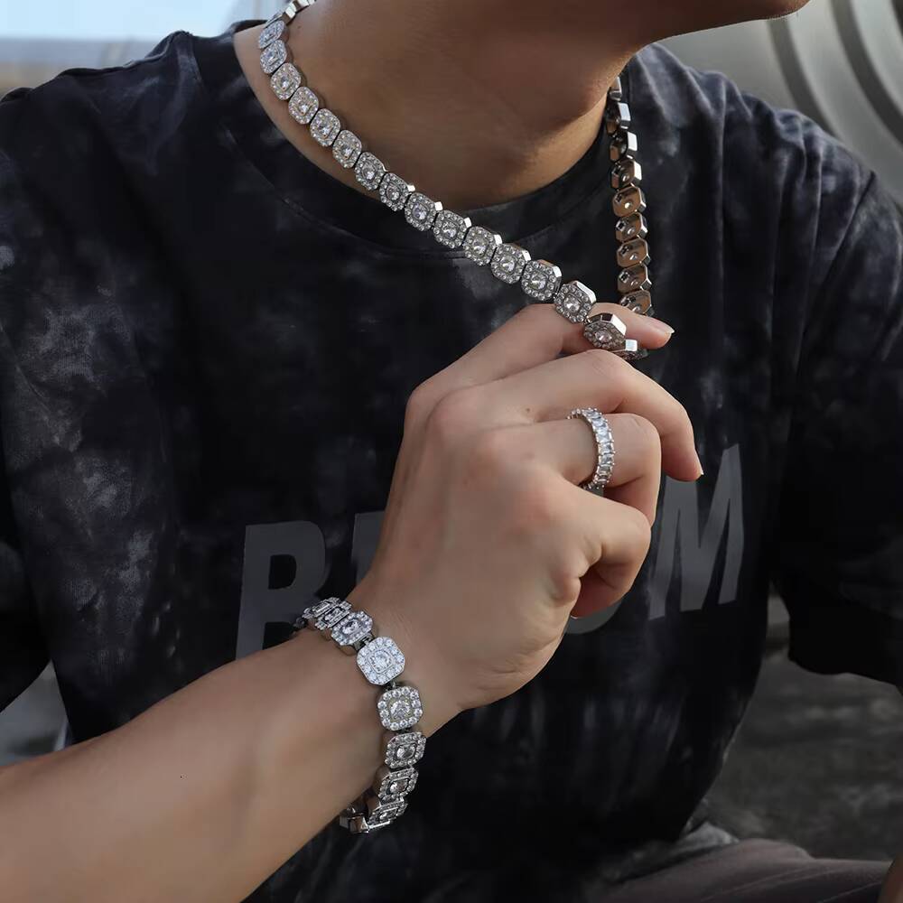 Luxury Jewelry Square Iced Out Cubic Zirconia 12mm Necklace and Bracelet Iced Out Stainless Steel Cuban Chain Set