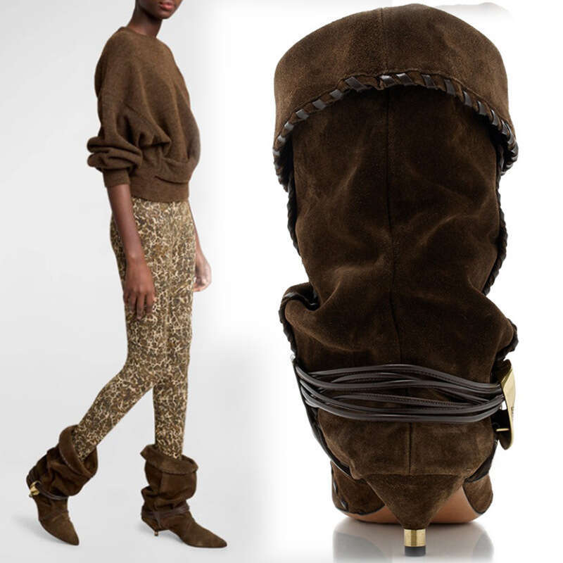 European and American New Style Pointed Toe Metal Cat Lace-Up Ruched Slouchy Short with Cuffed Slip-On Design, Large Size, Versatile High Heel Boots