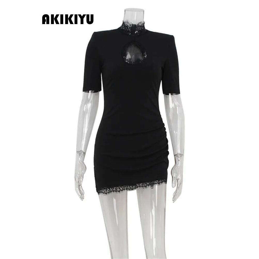 Tossy Fashion Lace Black Mini Female Hollow Out Patchwork Short Sleeve Slim High Waist Party Women's Summer Dress AKIKIYU