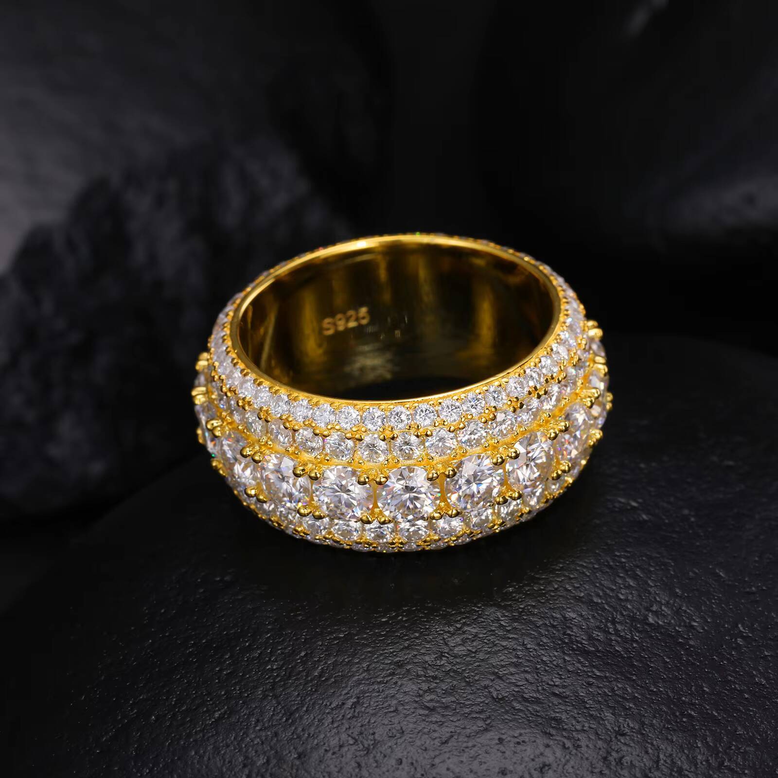 Iced Out Moissanite Diamond Ring Band 925S Plated Yellow K Gold Material VVS Diamond Finger Eternal Cuban Ring for Hip Hop Men