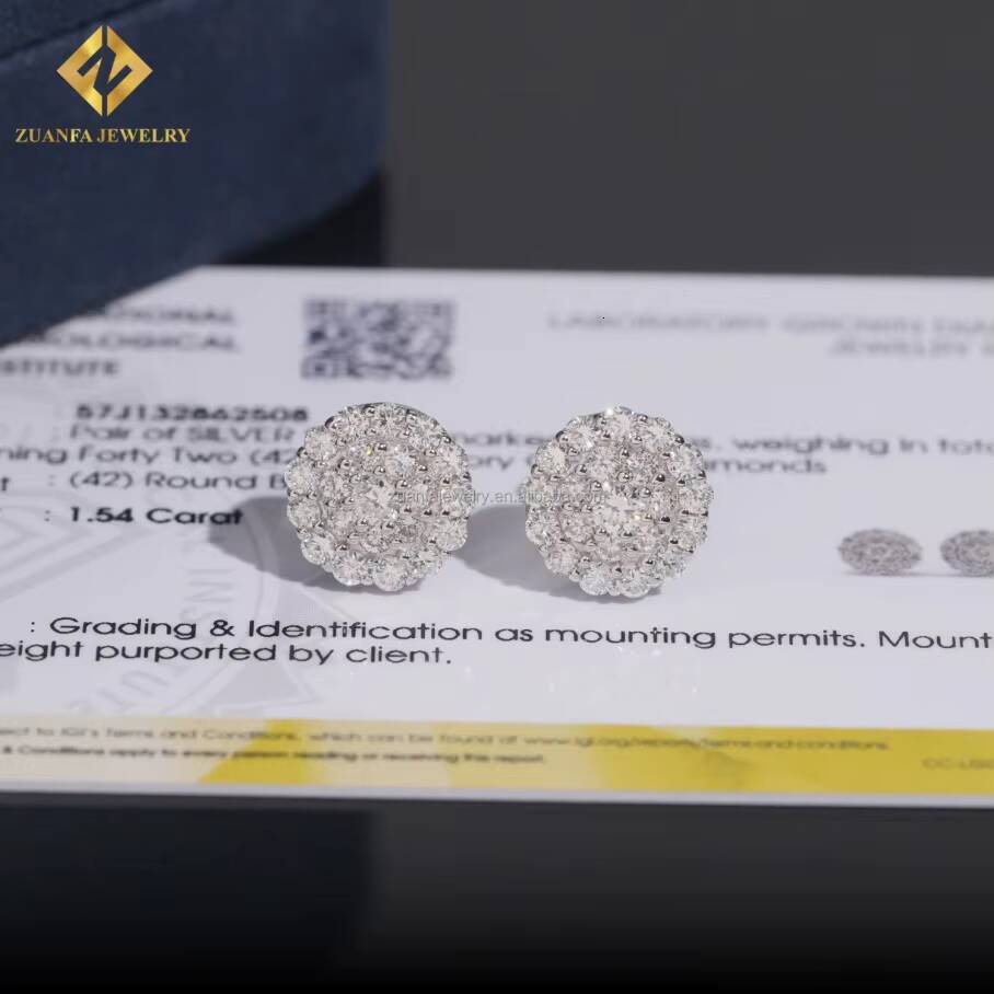 Fashion Stylish Popular Iced Out 925 Sterling Silver Lab Grown HPHT Diamond Round Flower Stud Earrings Screw Back Setting