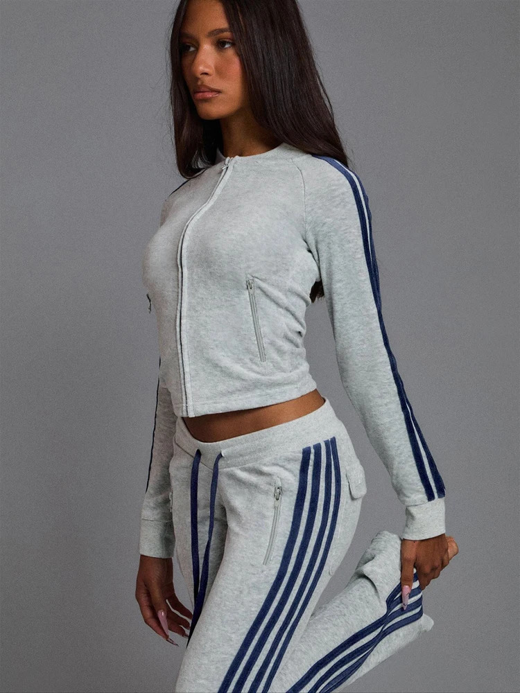 Fall Women Clothing Set Tracksuit Women Velvet Casual Tracksuit Striped Long Sleeve Zipper Crop Top and Flare Pants 260121
