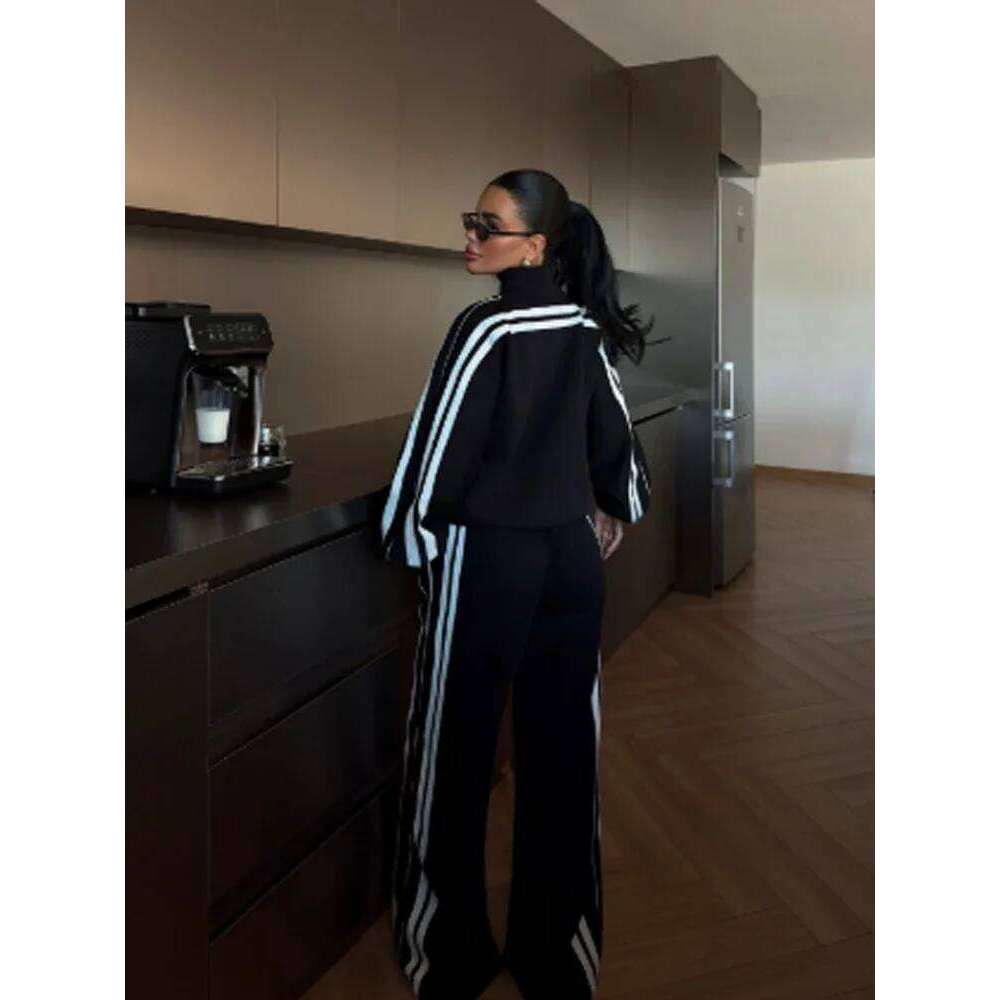 Contrast High Waist Wide Leg Pants Set Women Casual Long Sleeve Stand Collar Zipper Sweatshirt Suit New Spring Autumn Wear Mdng260121 - view 6