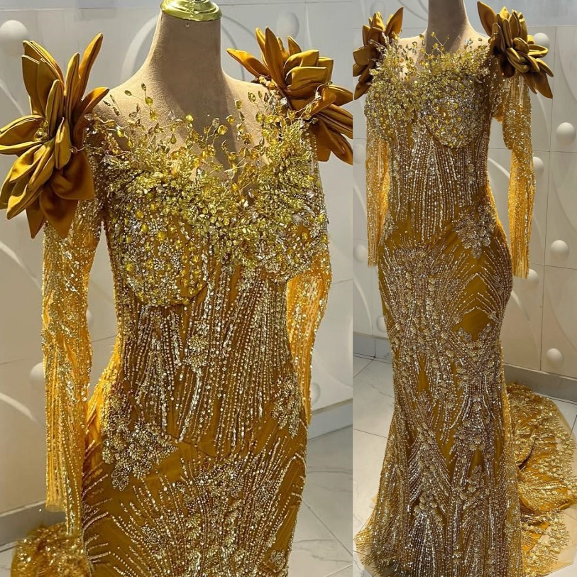 Aso Ebi Gold Mermaid Prom Dresses 2026 Flowers Beaded Crystals V-neck Evening Formal Party Second Birthday Engagement Gowns Dress For Special Occasion