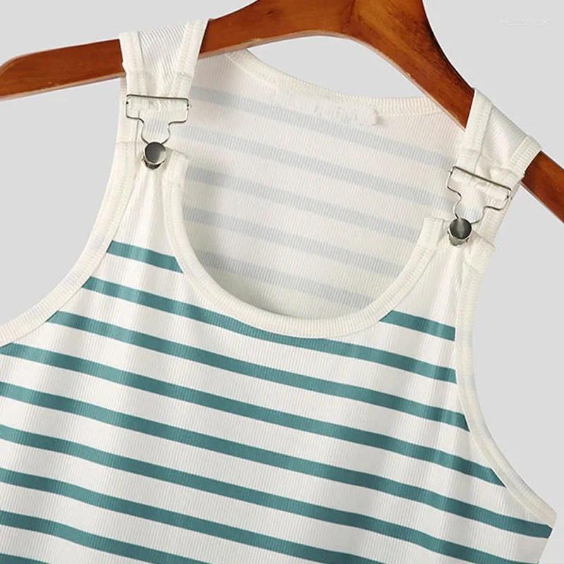 Men's Tank Tops Striped Vest For Spring And Summer A Stretchy Form-fitting T-shirt Fashionable Suspender With Metal Buttons