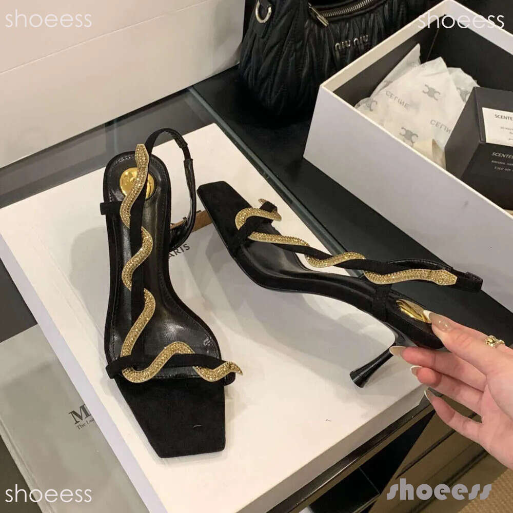 2026 New Style Designer Shoe One-Strap High Heels Elegant Rhinestone Snake-Shaped Open-Toe for Women Thin Heel Sandals