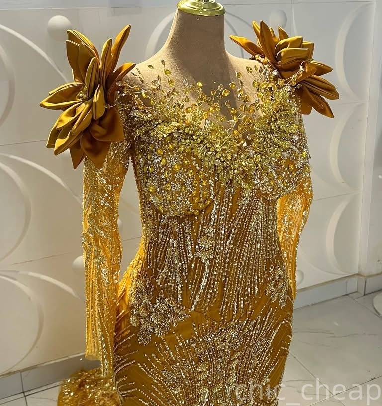 Aso Ebi Gold Mermaid Prom Dresses 2026 Flowers Beaded Crystals V-neck Evening Formal Party Second Birthday Engagement Gowns Dress For Special Occasion