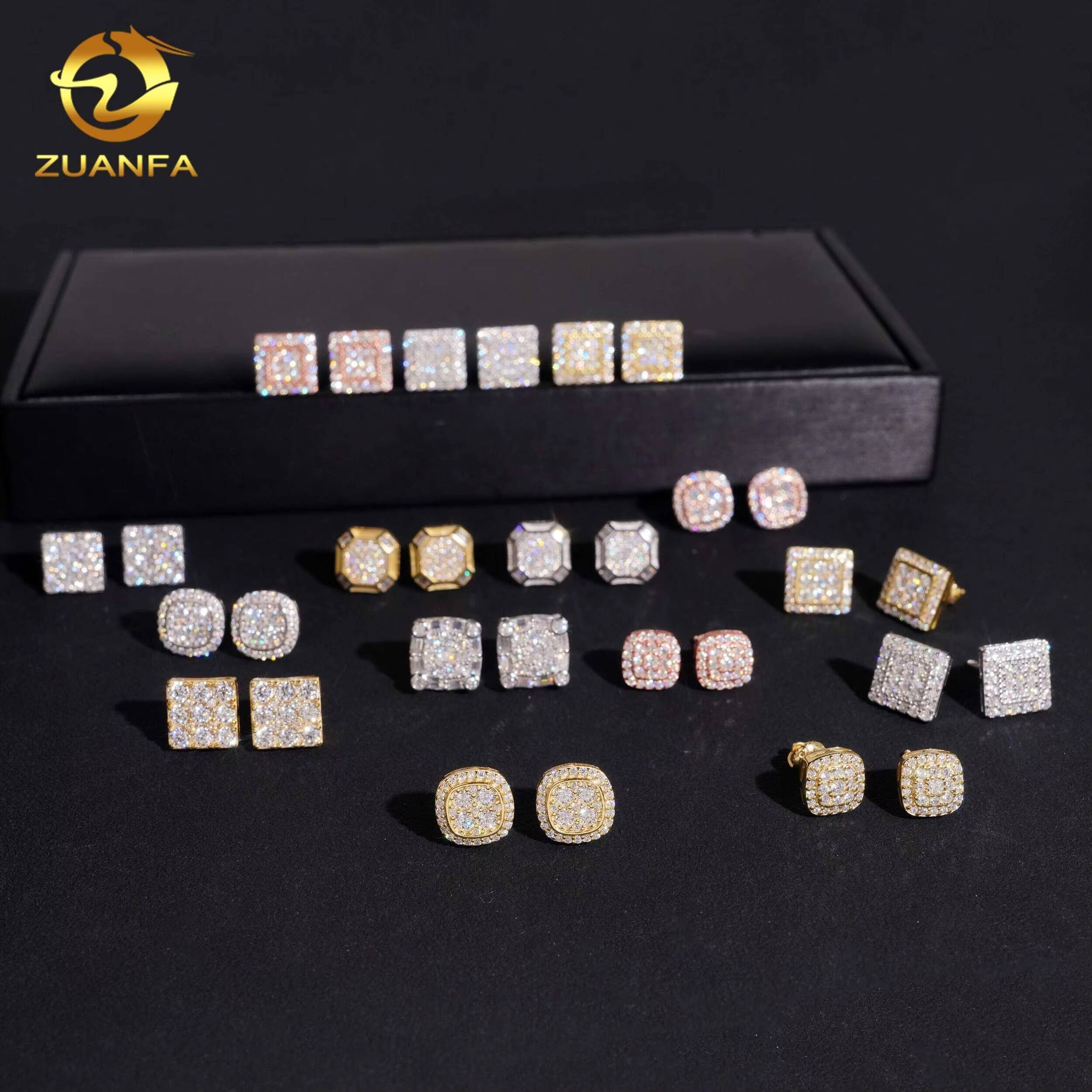 Hot Sale Fine Jewelry Iced Out Hip Hop GRA Certificate 925 Sterling Silver Men Square Moissanite Earrings