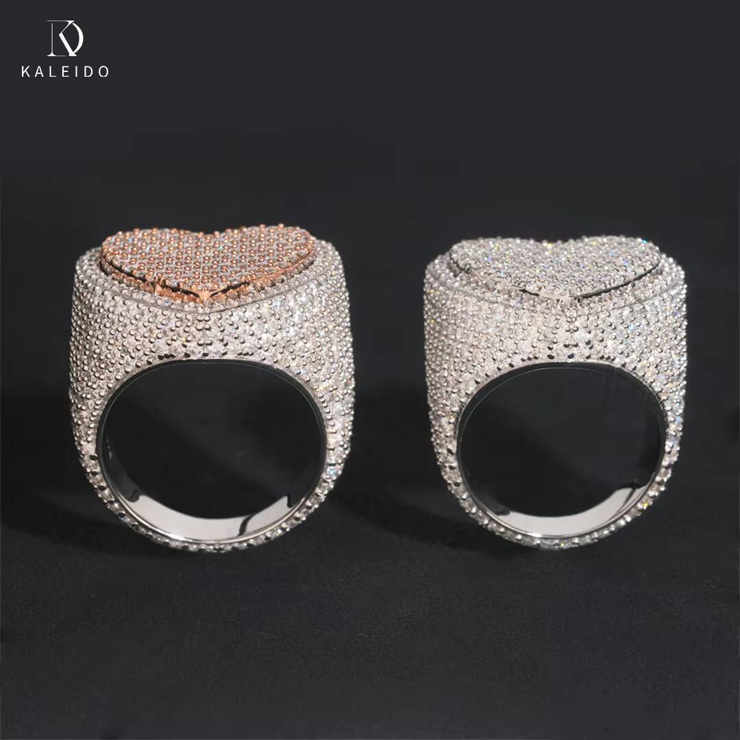 Factory Wholesale Two Tone Heart Shape Iced Out Moissanite Jewelry 925 Silver Ring Fine Hip Hop Vvs Moissanite Diamond Ring