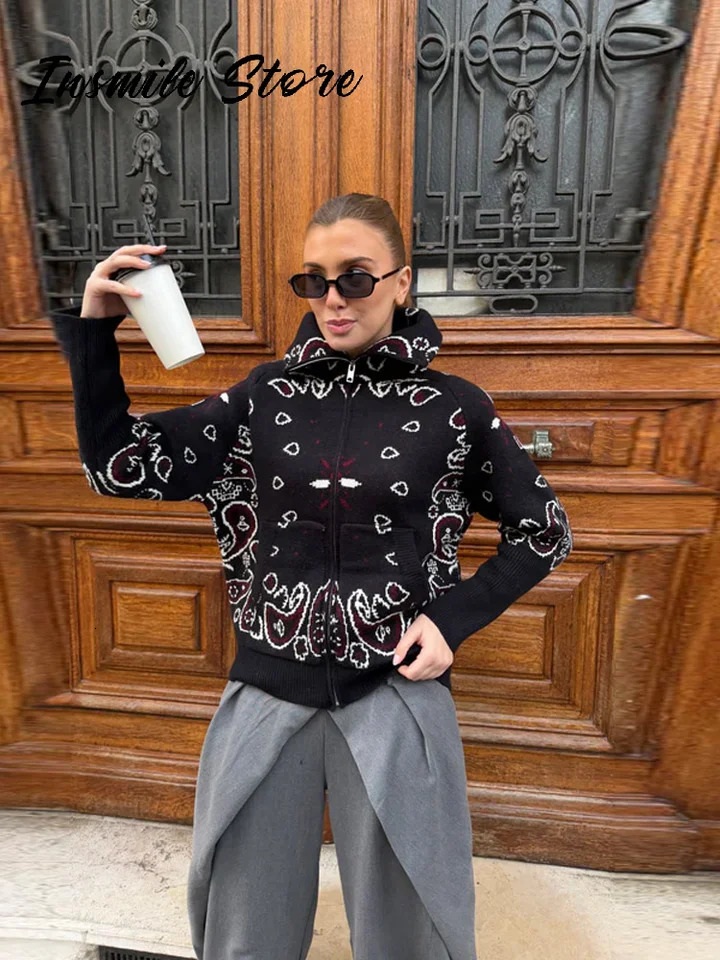 Fashion Knit Jacquard Cardigan Women Gray Stand Collar Zipper Full Sleeve Sweater 2026 Spring Lady Casual Street Knitwear 260119