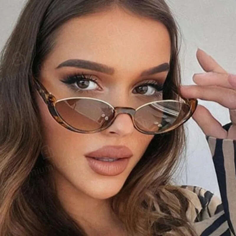 Brand Designer Cat Eye Sunglasses for Women Half Frame Small Leopard Print - UV400 Ocean Lens Sun Glasses