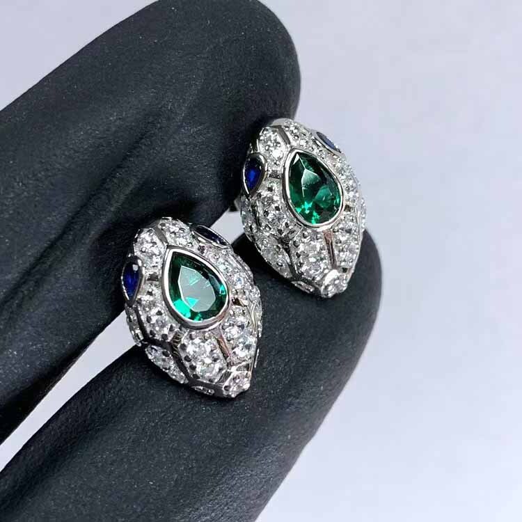 Luxury Brand Designer Jewelry Blue Green Snake Full Diamond Texture Elegant Versatile Earrings For Women Niche High-End Simple Petite Charming Attract