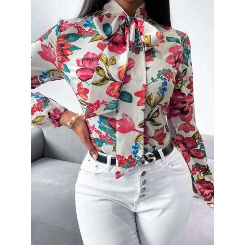 Work Clothes Floral Print Bow Tie Shirt Fashion Office Dress up Women's Business Casual Clothing