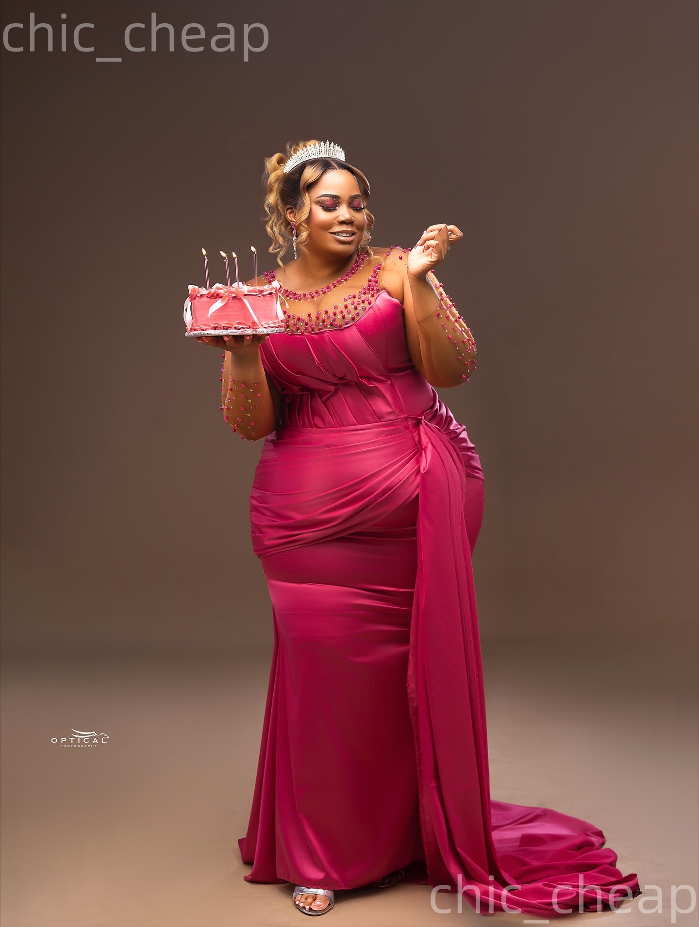 Fuchsia Mermaid Plus Size Prom Dresses 2025 Sheer Neck Pearls Crystals Satin Evening Formal Party Second Birthday Engagement Gowns Dress For Special O