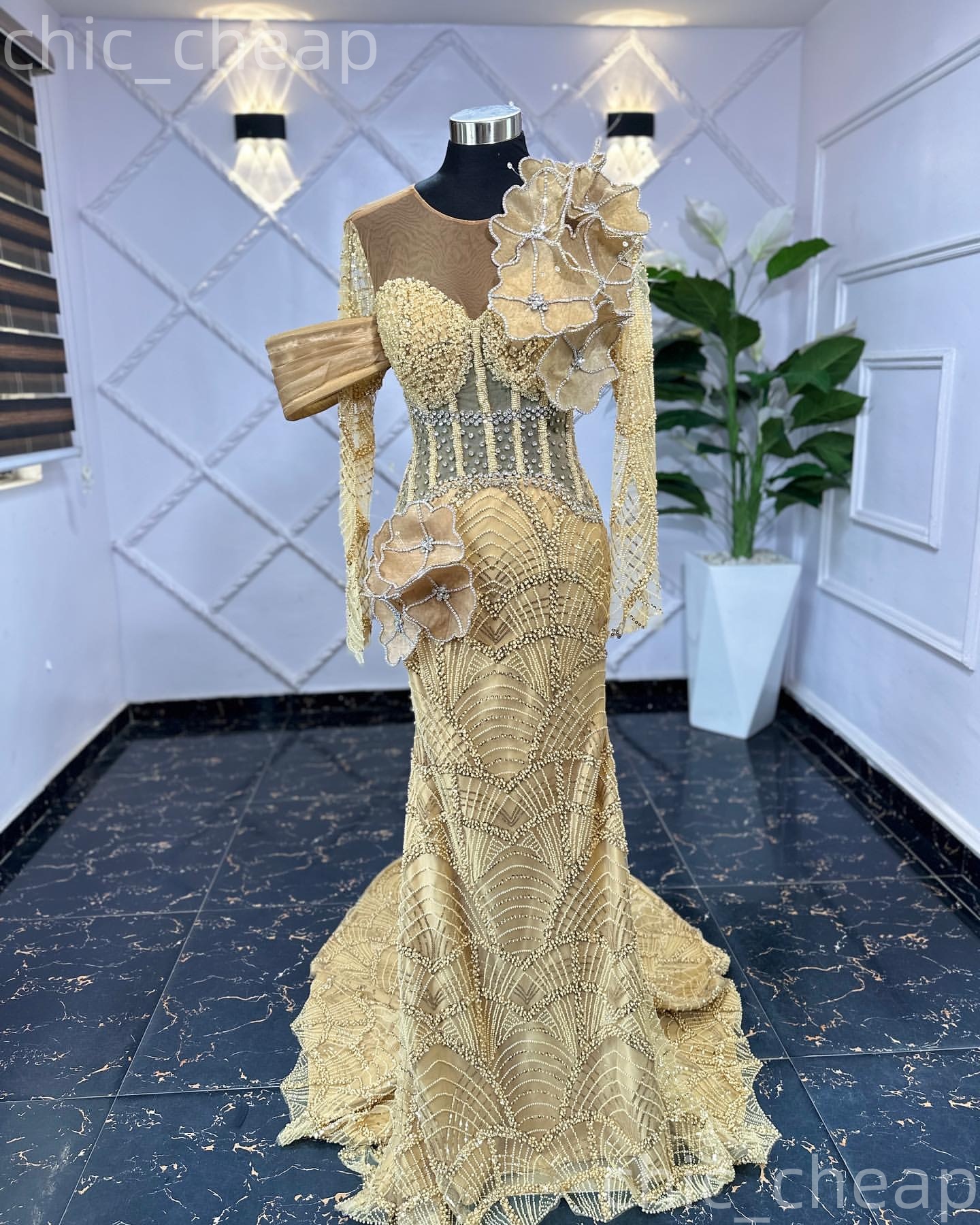 Aso Ebi Champagne Mermaid Prom Dresses 2026 Flowers Beaded Crystals Illusion Evening Formal Party Second Birthday Engagement Gowns Dress For Special O