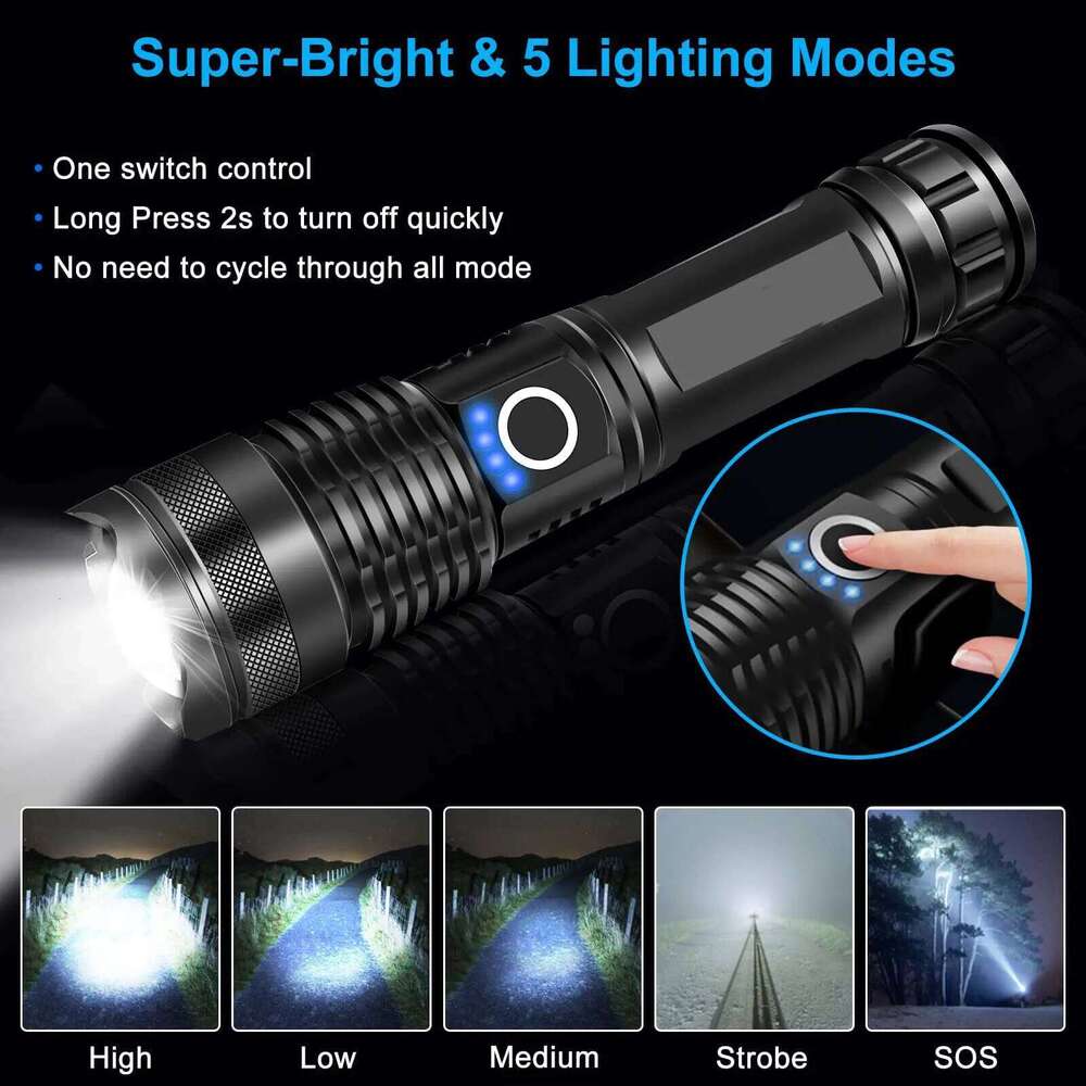 Super Bright Flashlight With Power Display 5 Light Modes Portable Telescopic Zoom Rechargeable Torch IP46 Waterproof For Outdoor Z260121