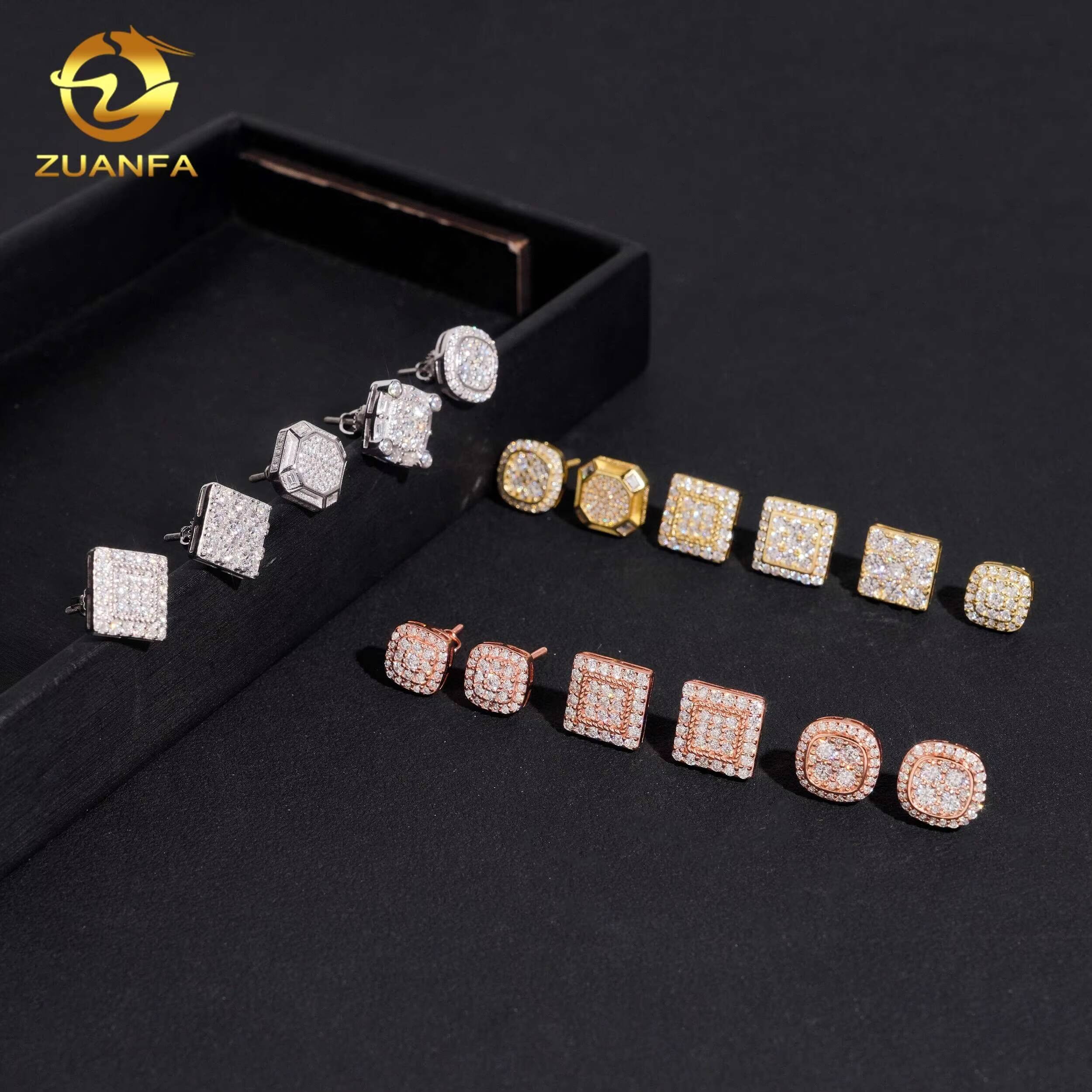 Hot Sale Fine Jewelry Iced Out Hip Hop GRA Certificate 925 Sterling Silver Men Square Moissanite Earrings