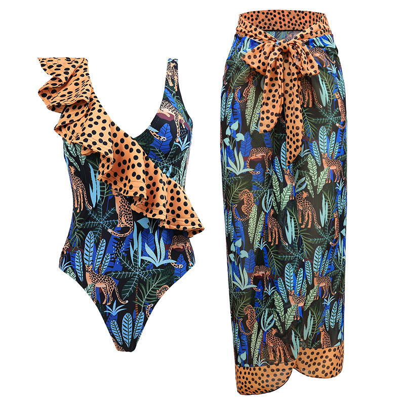 Suits Sexy Print Swimwear Ruffles Dot Swimsuit Bodysuit Patchwork Monokini Bathing Suit Pad Female Set 230614