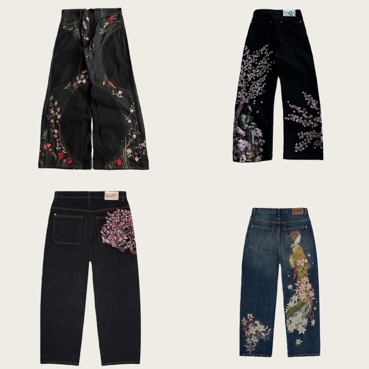 Derschutze jeans for mens designer jeans Men Women Cherry Blossom Embroidery Derschutze Y2k Retro Baggy Street Straight High Washed Blue Denim Pants men baggy jeans