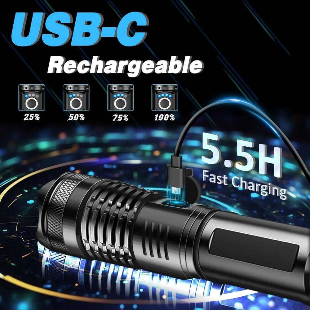 High Power Rechargeable LED Tactical Flashlight Aluminum Alloy Telescopic Zoom Torch Lamp for Outdoor Camping Fishing Z260121