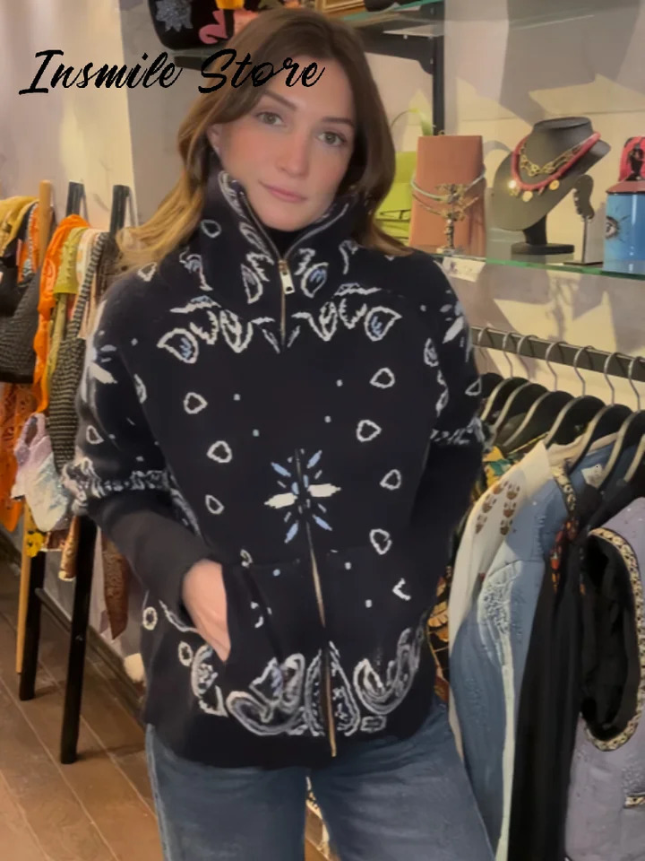 Fashion Knit Jacquard Cardigan Women Gray Stand Collar Zipper Full Sleeve Sweater 2026 Spring Lady Casual Street Knitwear 260119