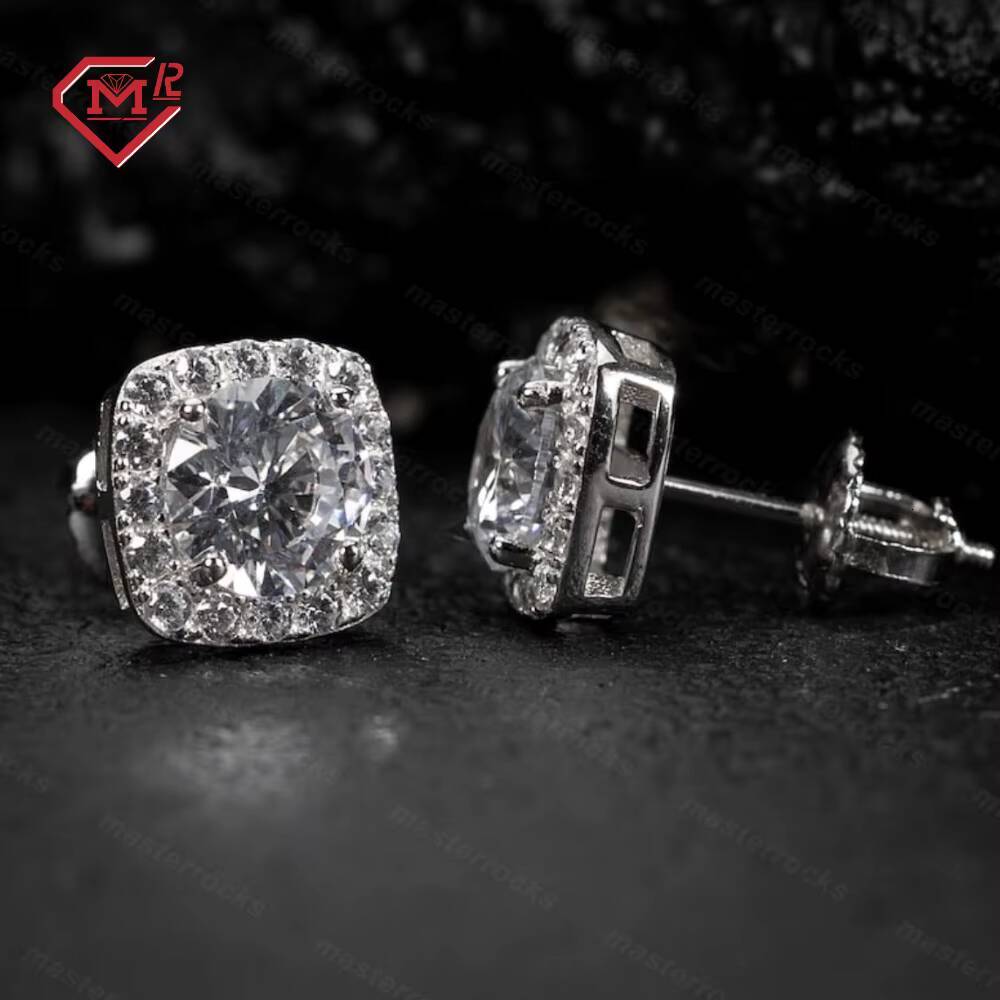 Daily Wear Men Earrings Stud Hip Hop Jewelry Iced Out Square S925 Silver Vvs Round Moissanite Earrings