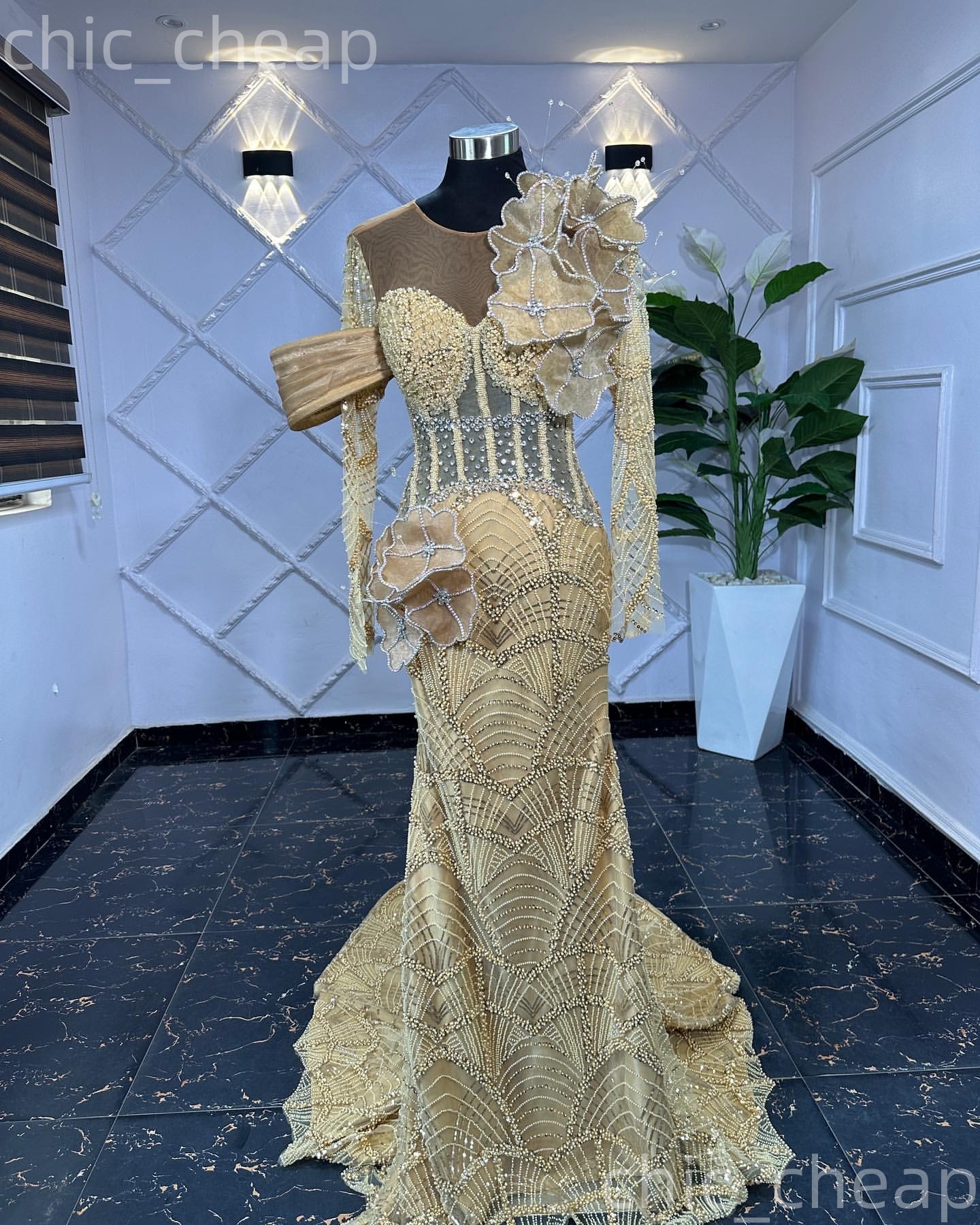 Aso Ebi Champagne Mermaid Prom Dresses 2026 Flowers Beaded Crystals Illusion Evening Formal Party Second Birthday Engagement Gowns Dress For Special O