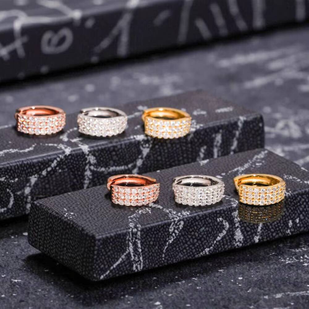 Fine Jewelry Gold Plated 925 Sterling Silver VVS Diamond D Color Moissanite Iced Out 3 Rows Hoop Earrings for Men Women Party