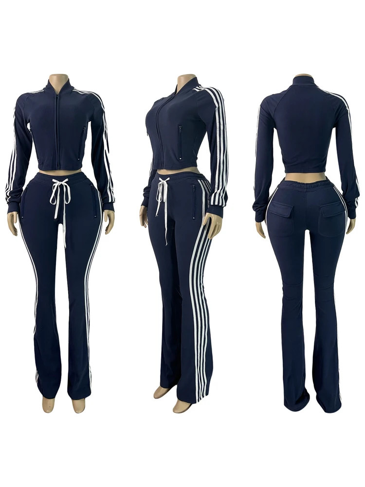 Fall Women Clothing Set Tracksuit Women Velvet Casual Tracksuit Striped Long Sleeve Zipper Crop Top and Flare Pants 260121