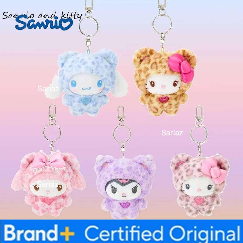 Sanrio New Kawaii Cat Keychain, Cute Plush Doll Bag Charm with Bow, Leopard Print Zipper Pull Gift for Girls birthday gifts hot H260121