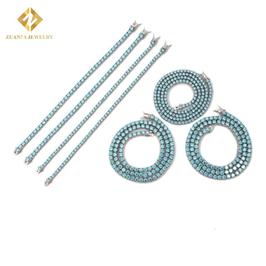 Hip Hop Jewelry New Colored Iced Out Vvs Moissanite 3mm 4mm Tennis Chain Blue Diamonds 925 Sterling Silver