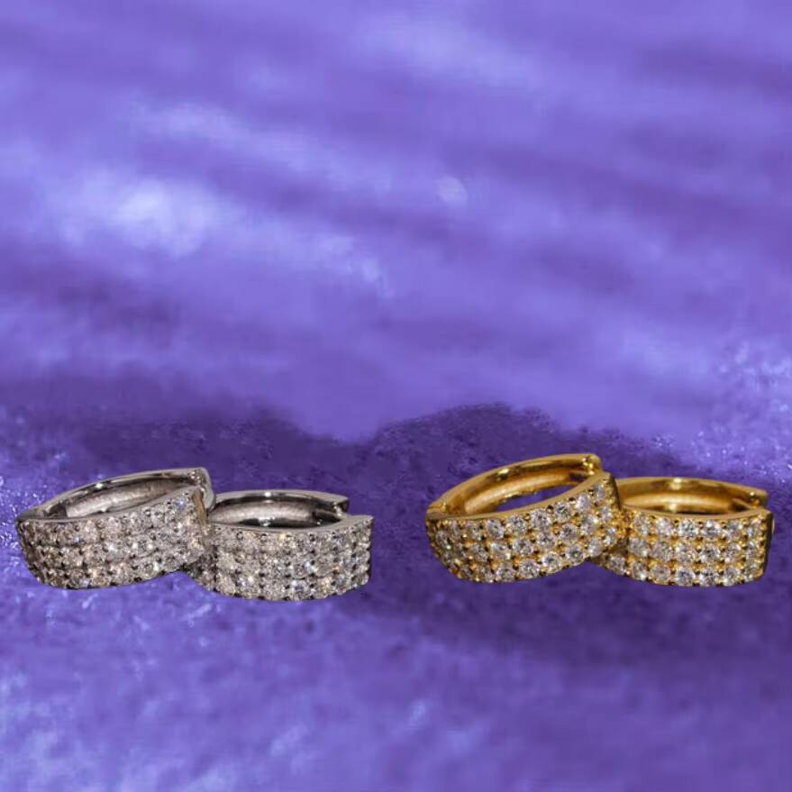 Fine Jewelry Gold Plated 925 Sterling Silver VVS Diamond D Color Moissanite Iced Out 3 Rows Hoop Earrings for Men Women Party
