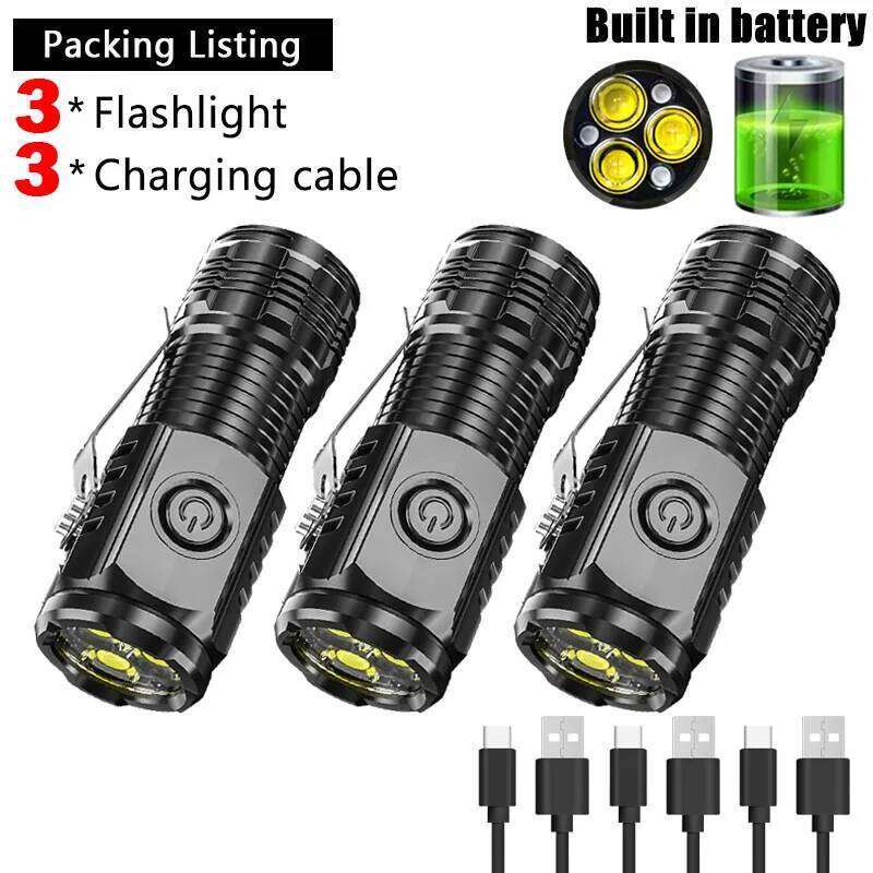 Super Bright Mini 3LED Flashlight With Pen Clip And Tail Magnet,Builtin Battery USB Charge Outdoor Portable Torch Emergency Lamp Z260121
