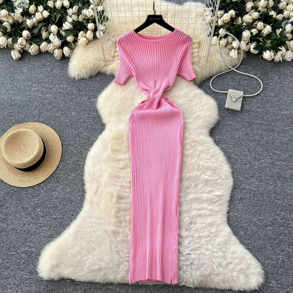 Sexy Side Hollow Out Knitted Dress 2025 Slim Temperament Short Sleeve O Neck French Style Woman Gentle Skinny Long Dresses