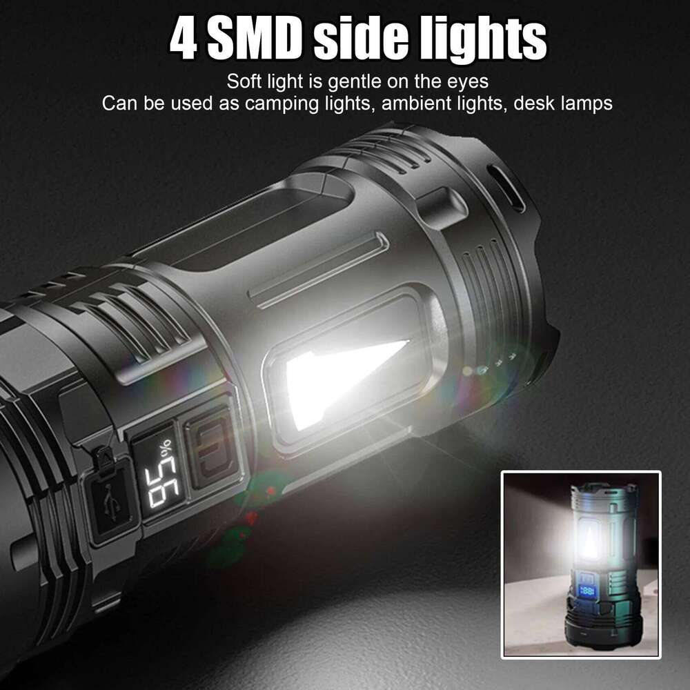 High Power LED 18650 USB C Rechargeable Led Flashlight with Side Light Torch Outdoor Hiking Camping Lantern Z260121
