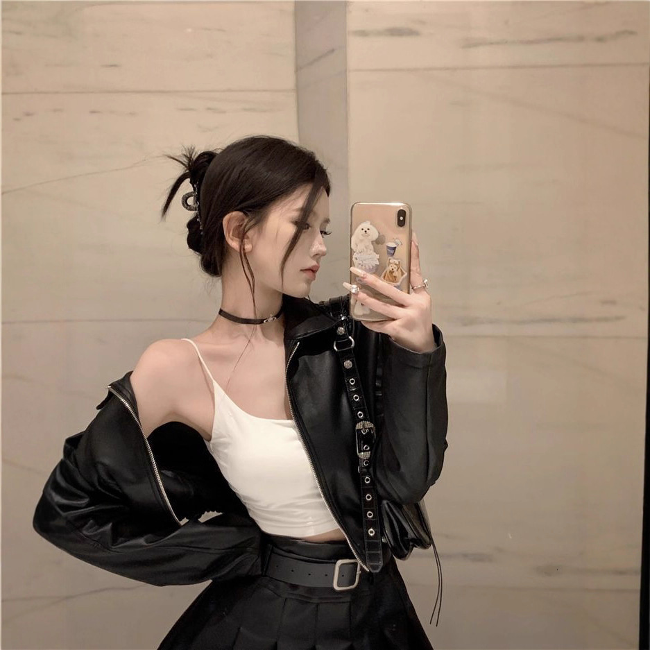 Harajuku Black Y2k Mini Skirt Sets Denim Splicing Leather Two Piece Sets Women Outfits Sexy Girl Gothic Camisole Tops Streetwear 250605