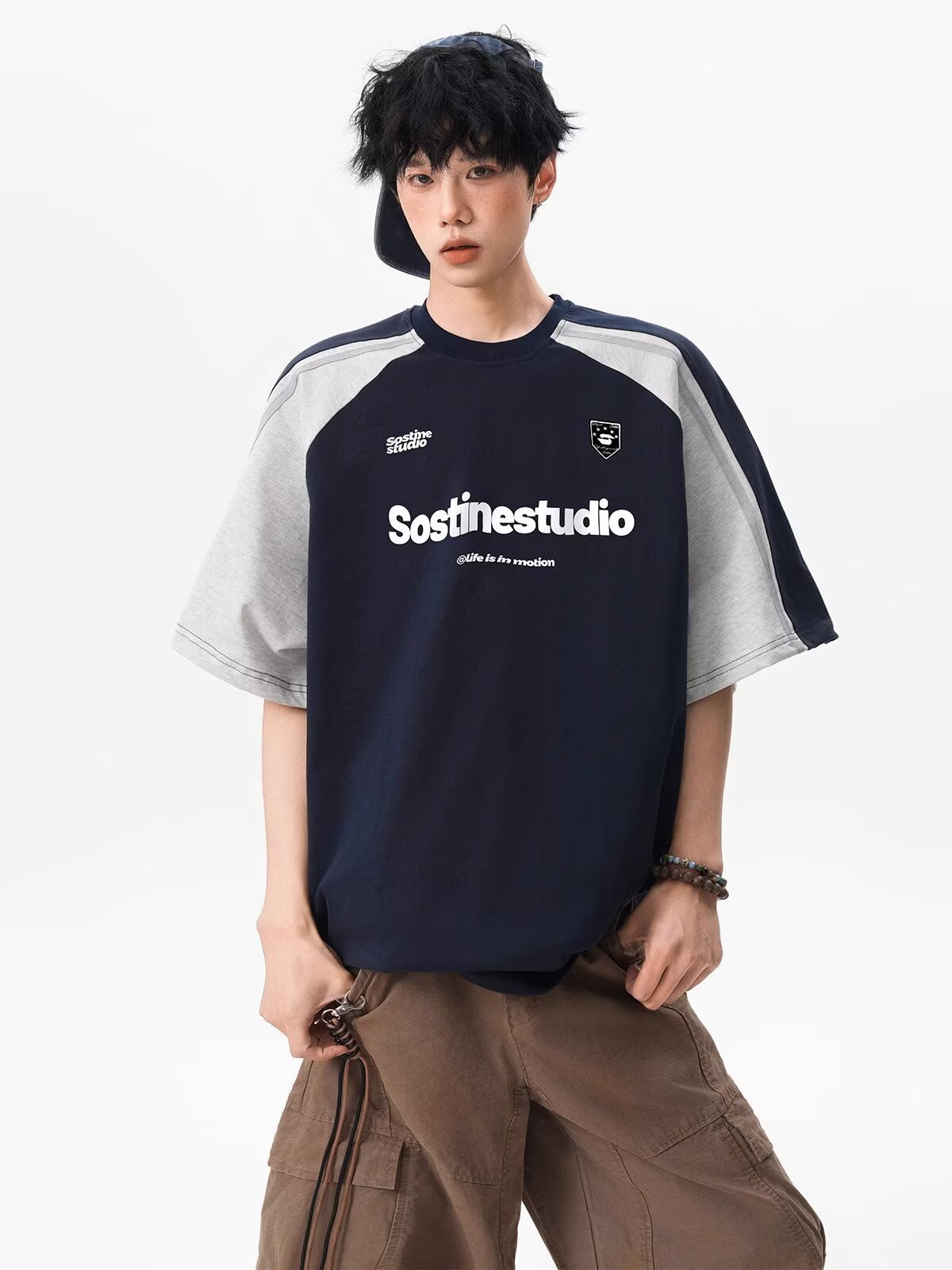 Men's Summer American Patchwork Color-Block Raglan T-shirt - Preppy & Sporty Style Letter Print Slim-Fit Crew Neck Short Sleeve Tee