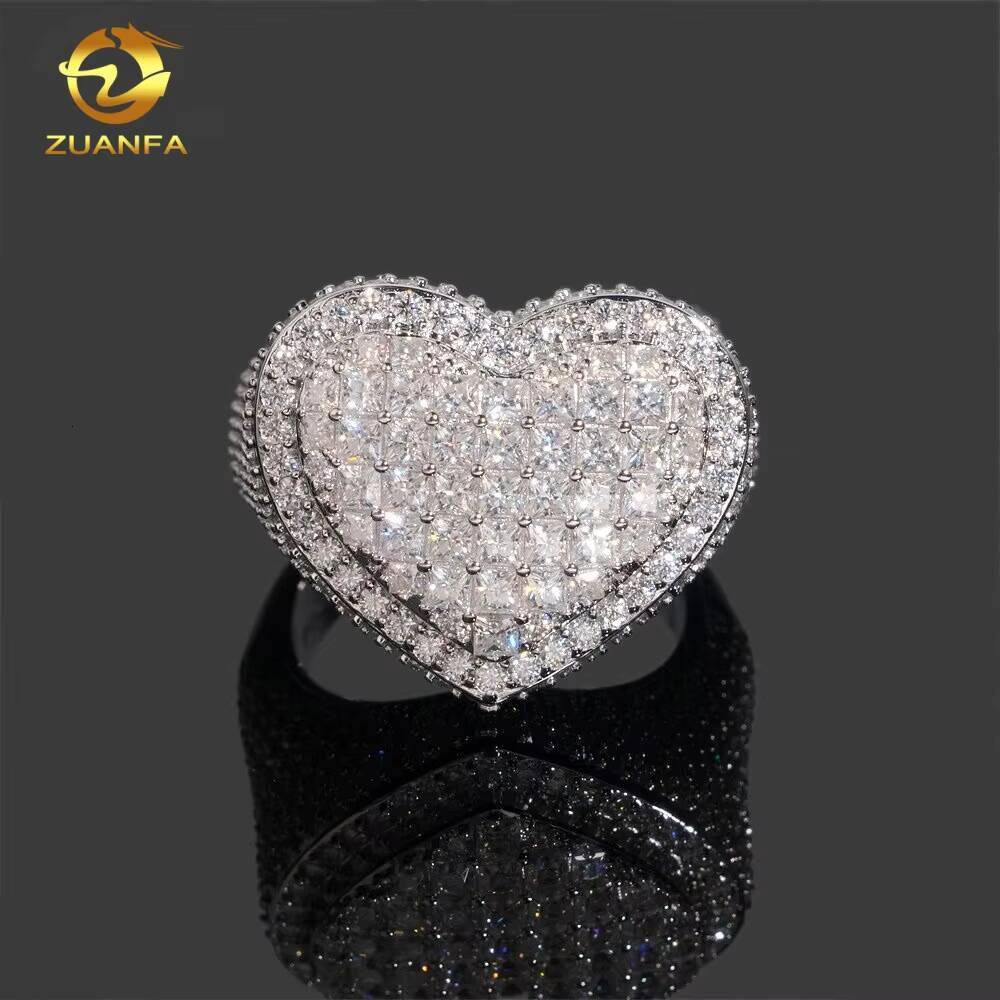 Trendy 925 Silver Men Ring Stock Princess Cut Heart Design Fine Hip Hop Jewelry VVS Moissanite Diamond Iced Out Jewelry