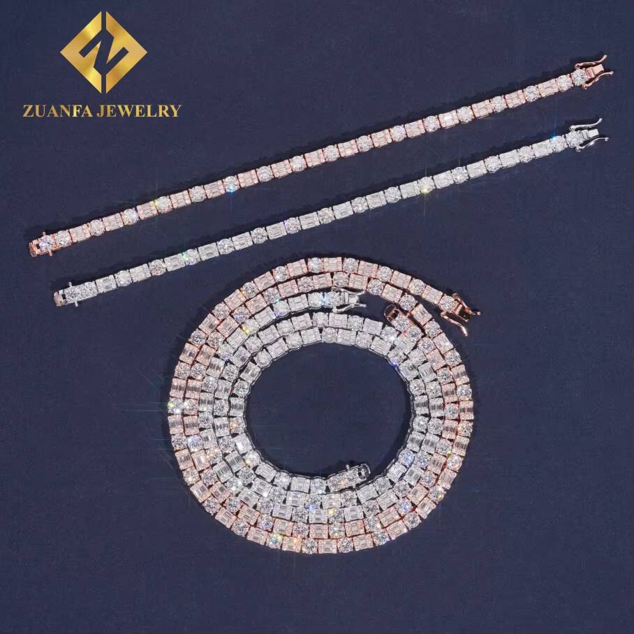Iced Out Baguette Diamond 925 Silver Tennis Chain Moissanite Men Women Choker Necklace Trendy Moissanite Tennis Chain Necklace