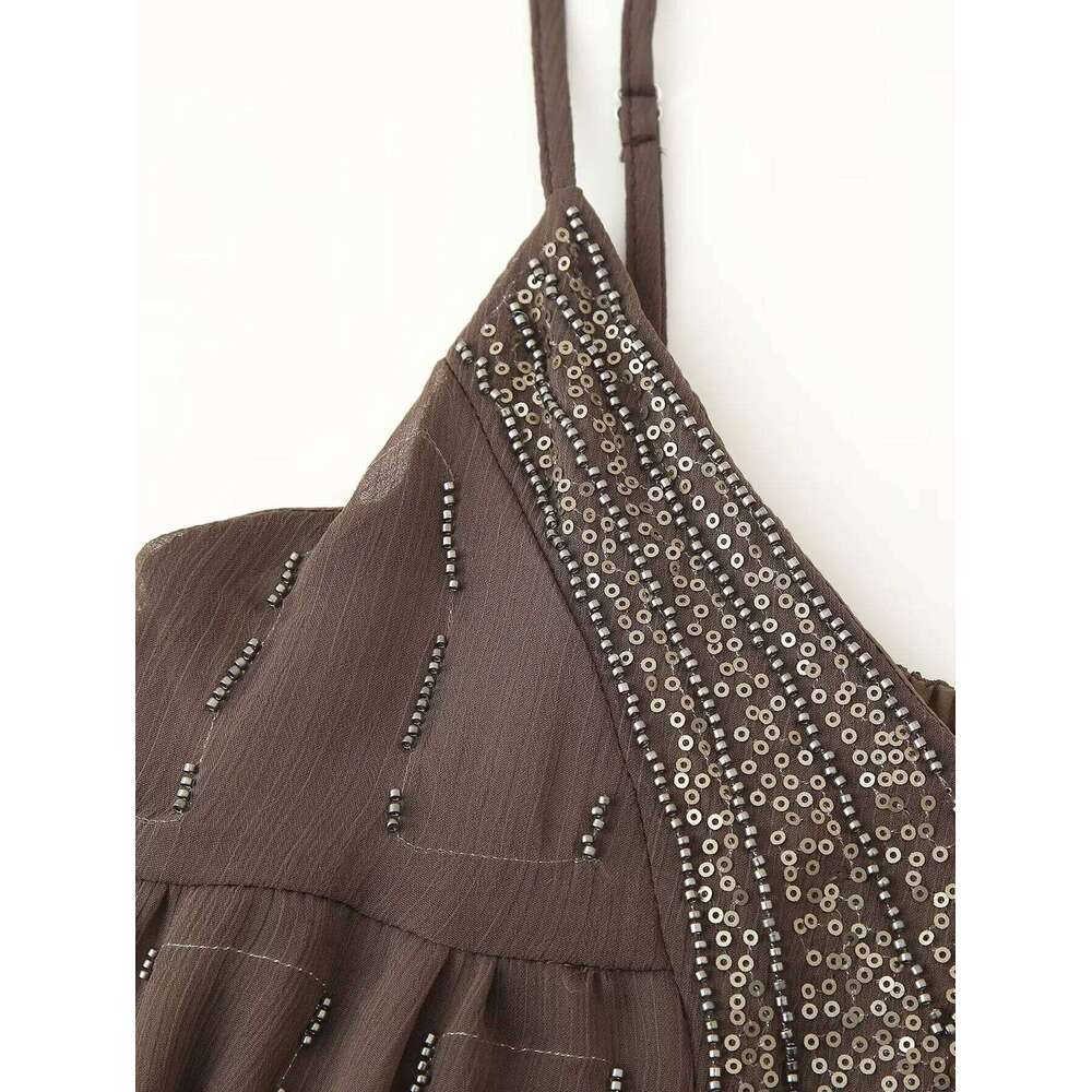 2025 new summer women's casual fashion simple sexy versatile beaded sequin embroidered suspender mini dress