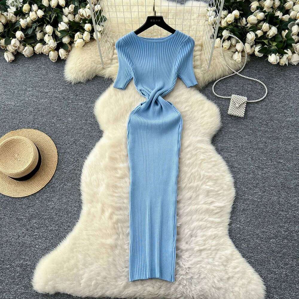 Sexy Side Hollow Out Knitted Dress 2025 Slim Temperament Short Sleeve O Neck French Style Woman Gentle Skinny Long Dresses