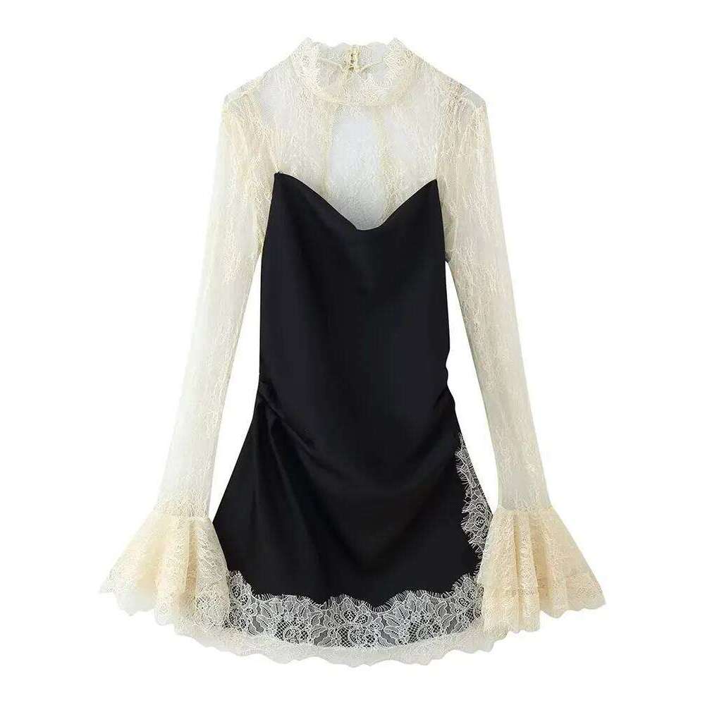 HH 2026 Women Lace Patchwork Mini Vintage Contrast Slim Long Sleeve Dresses Y2k Summer Fashion High Street Lady Chic Dress