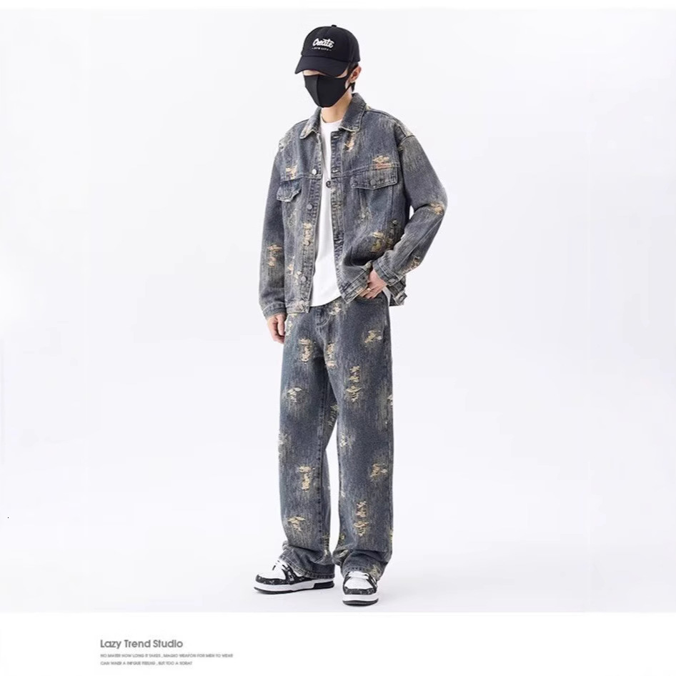 Autumn Winter New Jacquard Denim Jacket Set for Men American Style Trendy Brand Handsome High-end Loose Casual Long Pants 240428