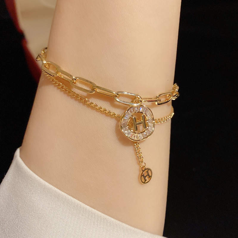 Luxury Brand Designer Jewelry Dongdaemun New Fashion Versatile Double-Layer Letter H Bracelet For Women, Internet Celebrity Personality Light Luxury D