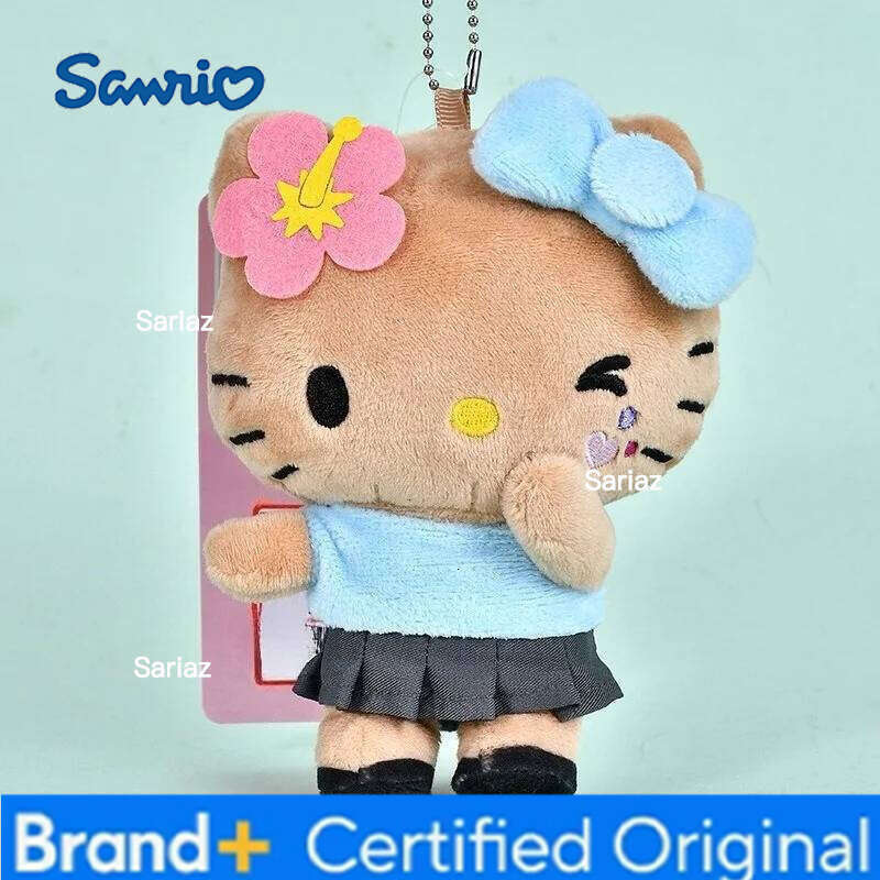 Sanrio Island Vacation Series Cute Black Skin Hello Kitty Doll Keychain DIY Bag Plush Pendant Key Ring Decorative Gift H260121