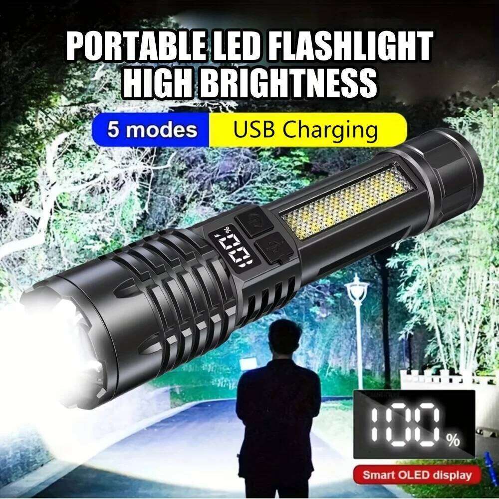 Super Bright COB LED Flashlight USB Rechargeable Zoomable With Side Light Waterproof Torch Camping Hiking Emergency Outdoor Z260121